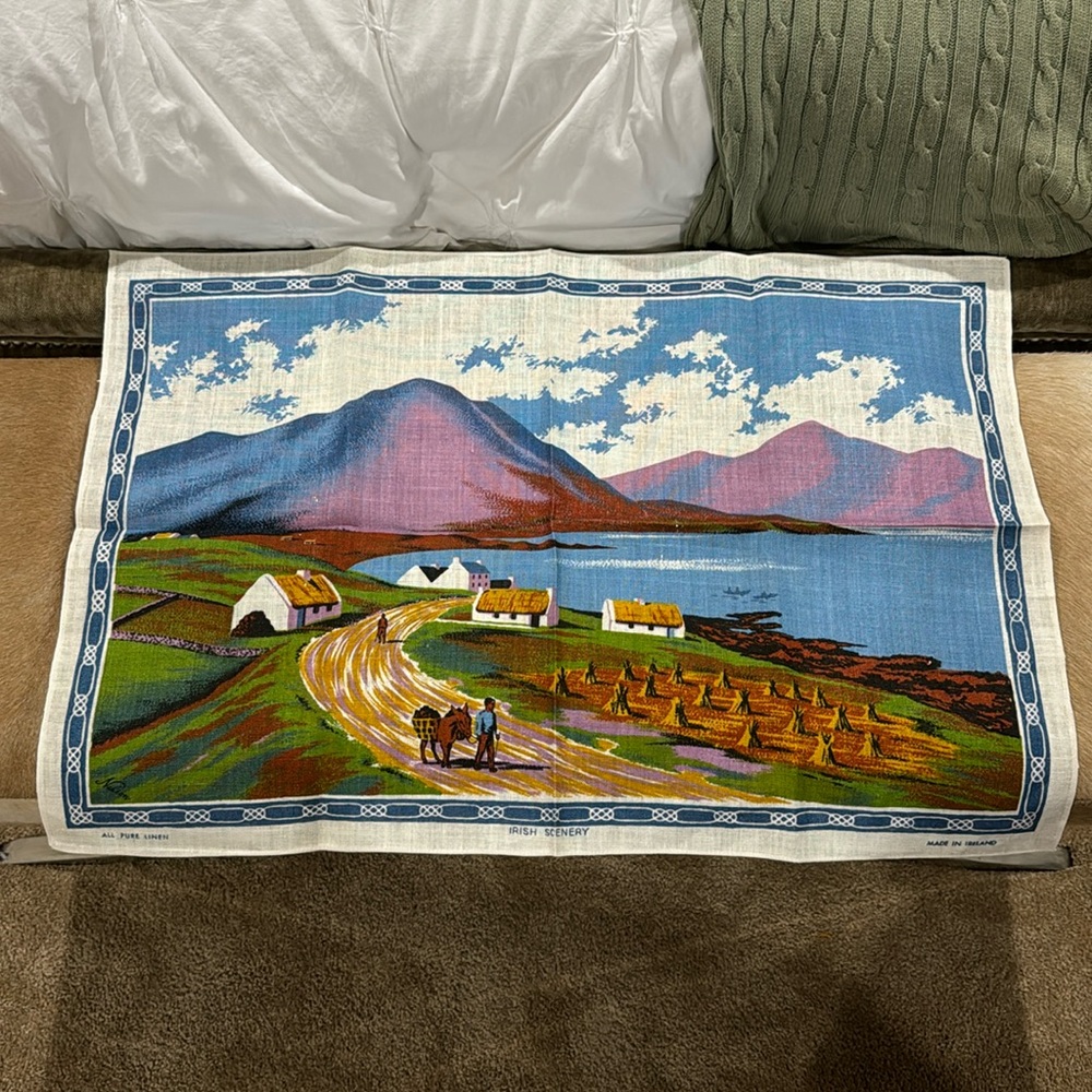 Vintage Pure Linen Irish Wall Hanging with Rolling Hills Purple Mountains